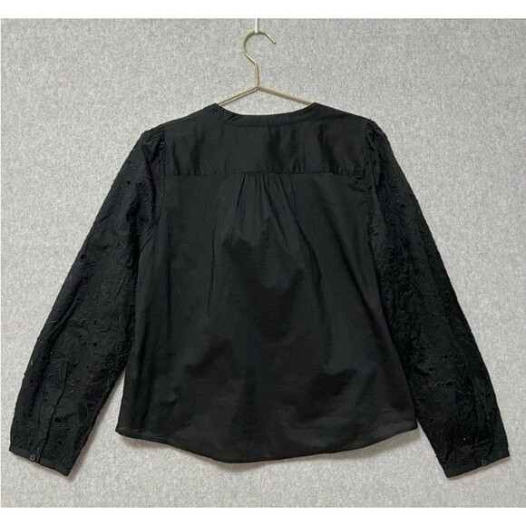 J.Crew Eyelet Sleeve Button-Up Blouse Women XS Black Long Sleeve Top Cotton - Picture 2 of 9
